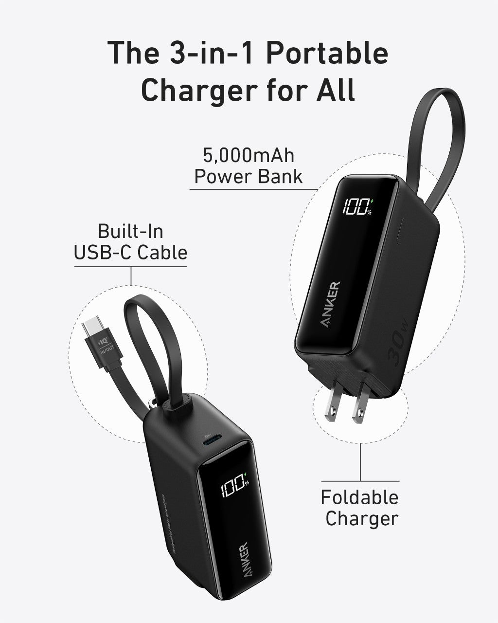 Refurbished Anker Power Bank (30W, Fusion, Built-In USB-C Cable)