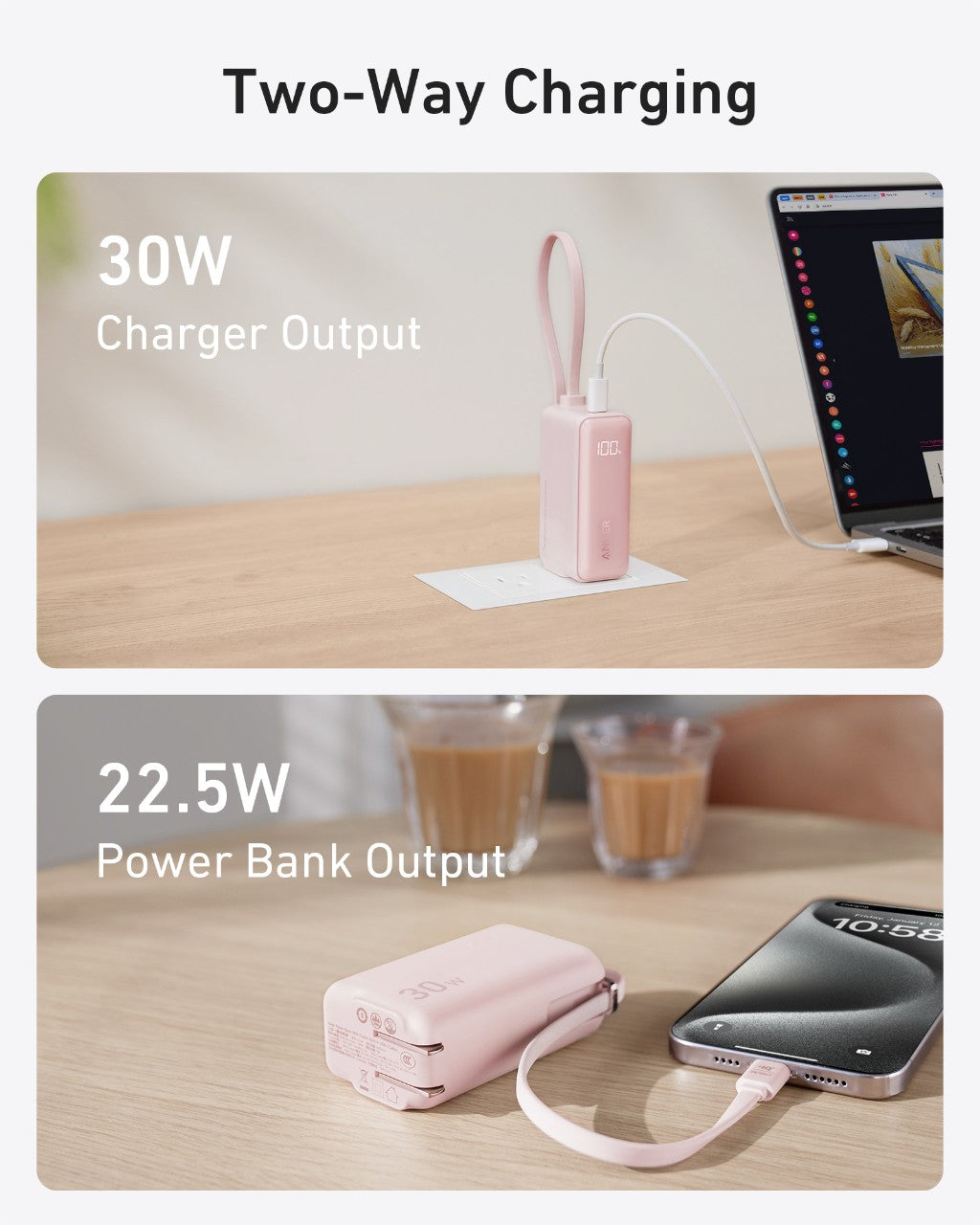 Refurbished Anker Power Bank (30W, Fusion, Built-In USB-C Cable)
