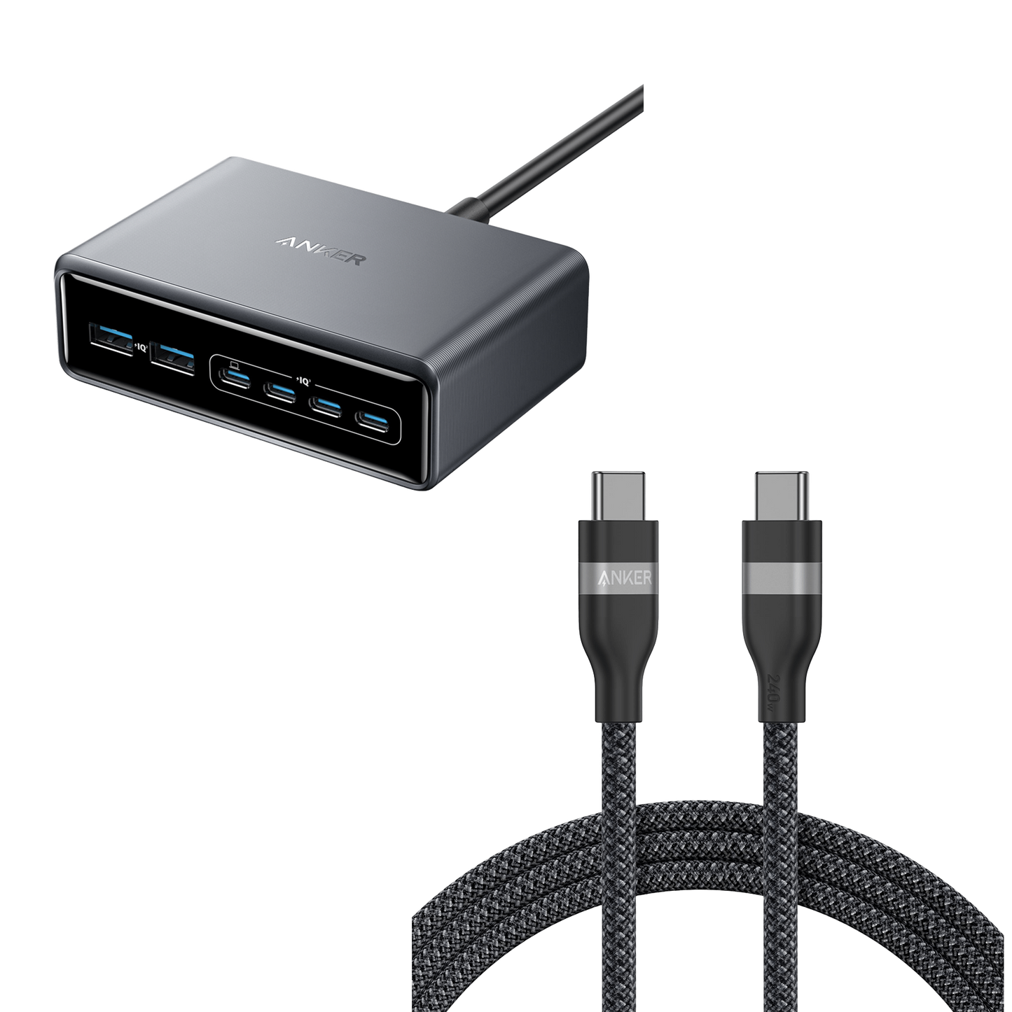 Anker Prime Charger (200W, 6 Ports, GaN) and Anker USB-C to USB-C Cable (6 ft, 240W, Upcycled-Braided)