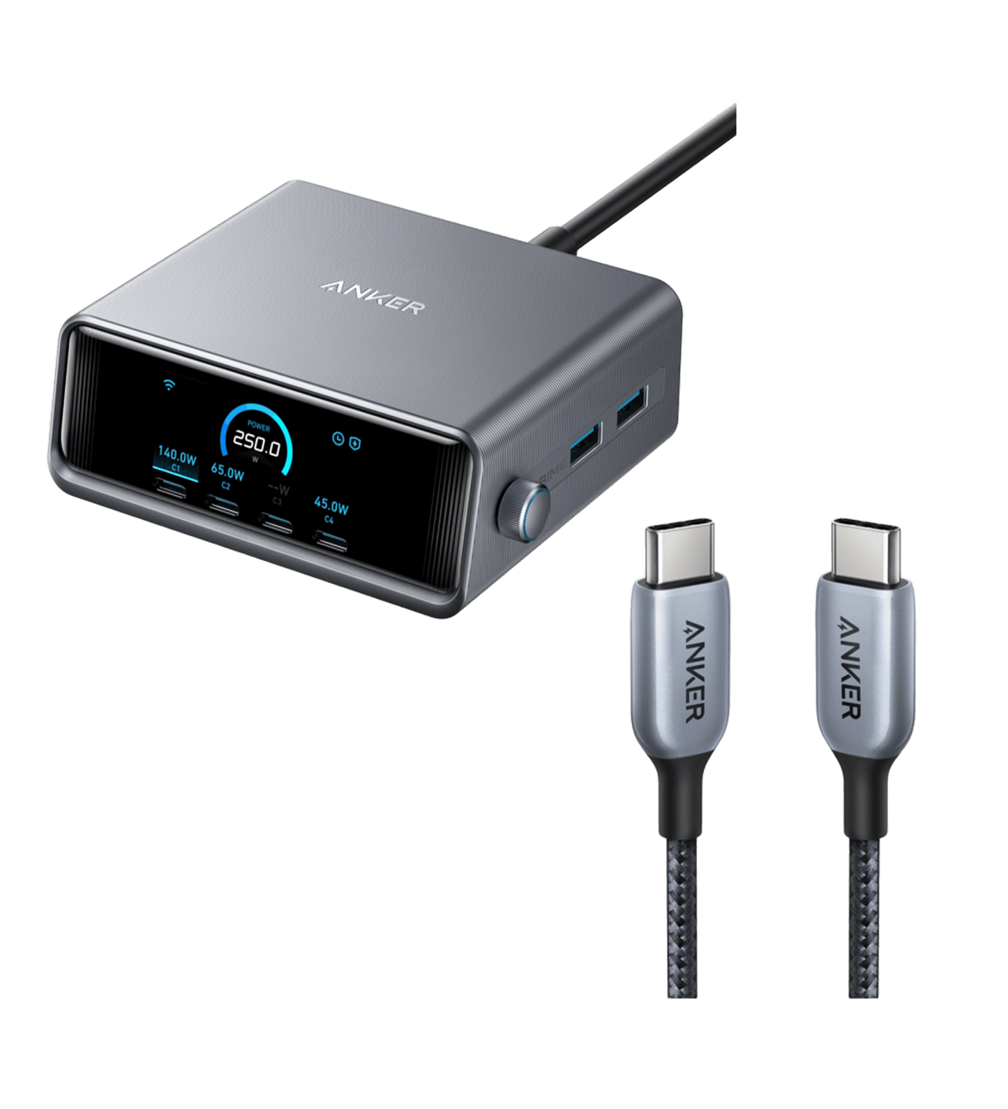 Anker Prime Charger (250W, 6 Ports, GaNPrime) and Anker Prime USB-C to USB-C Cable (240W, Upcycled-Braided) Summer Sale