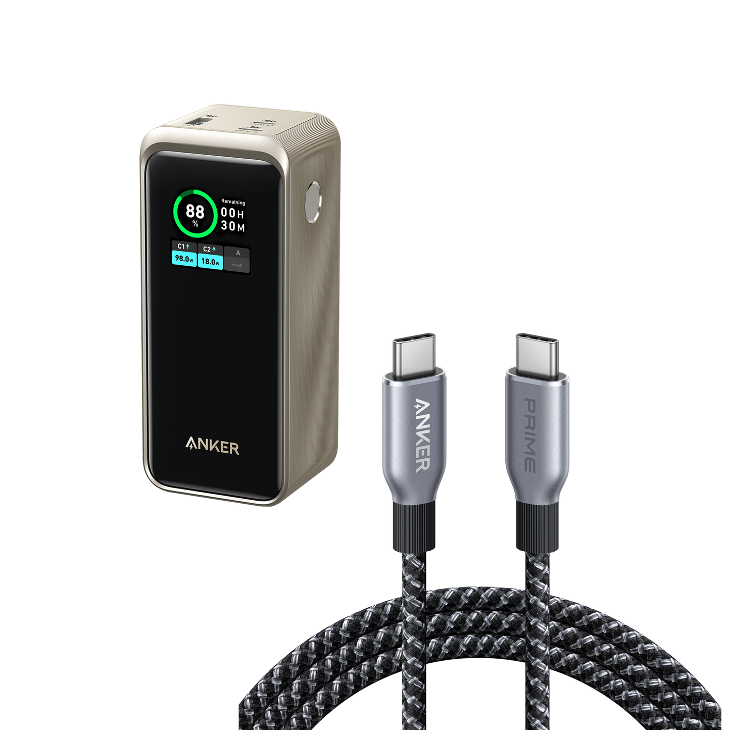 Anker Prime 20,000mAh Power Bank (200W) and Anker Prime USB-C to USB-C Cable (6 ft 240W, Upcycled-Braided)