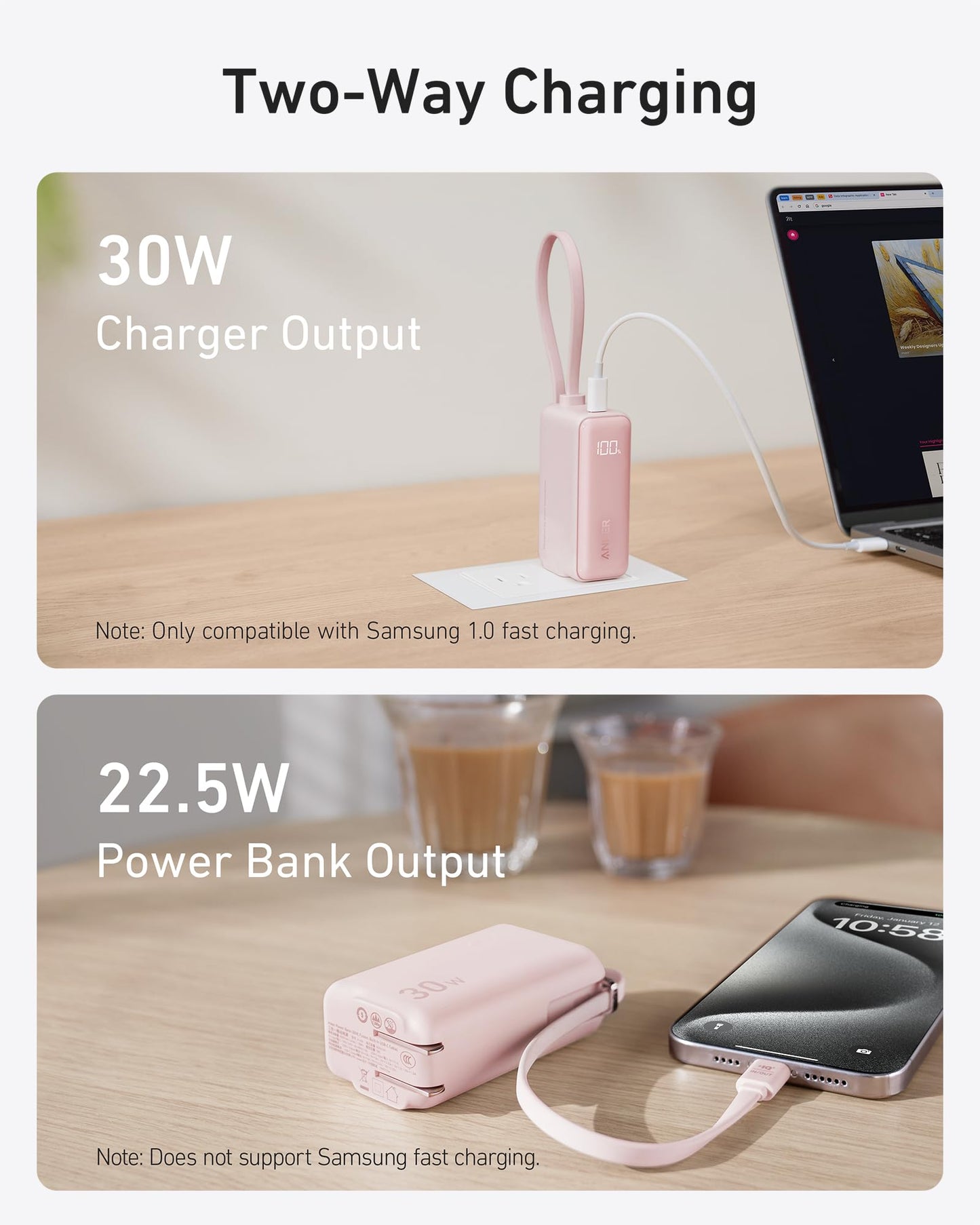 Refurbished Anker Power Bank (30W, Fusion, Built-In USB-C Cable)