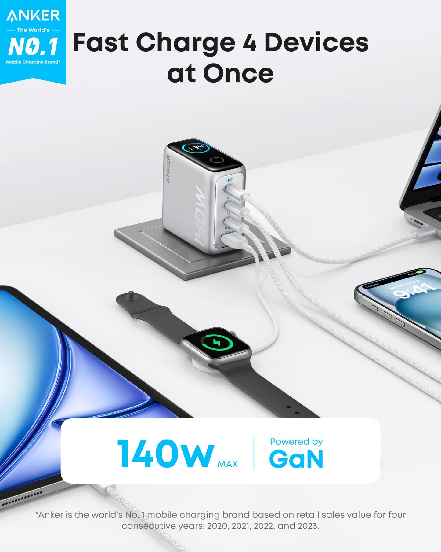 Anker Laptop Charger (140W, 4-Port, PD 3.1) with USB-C Cable