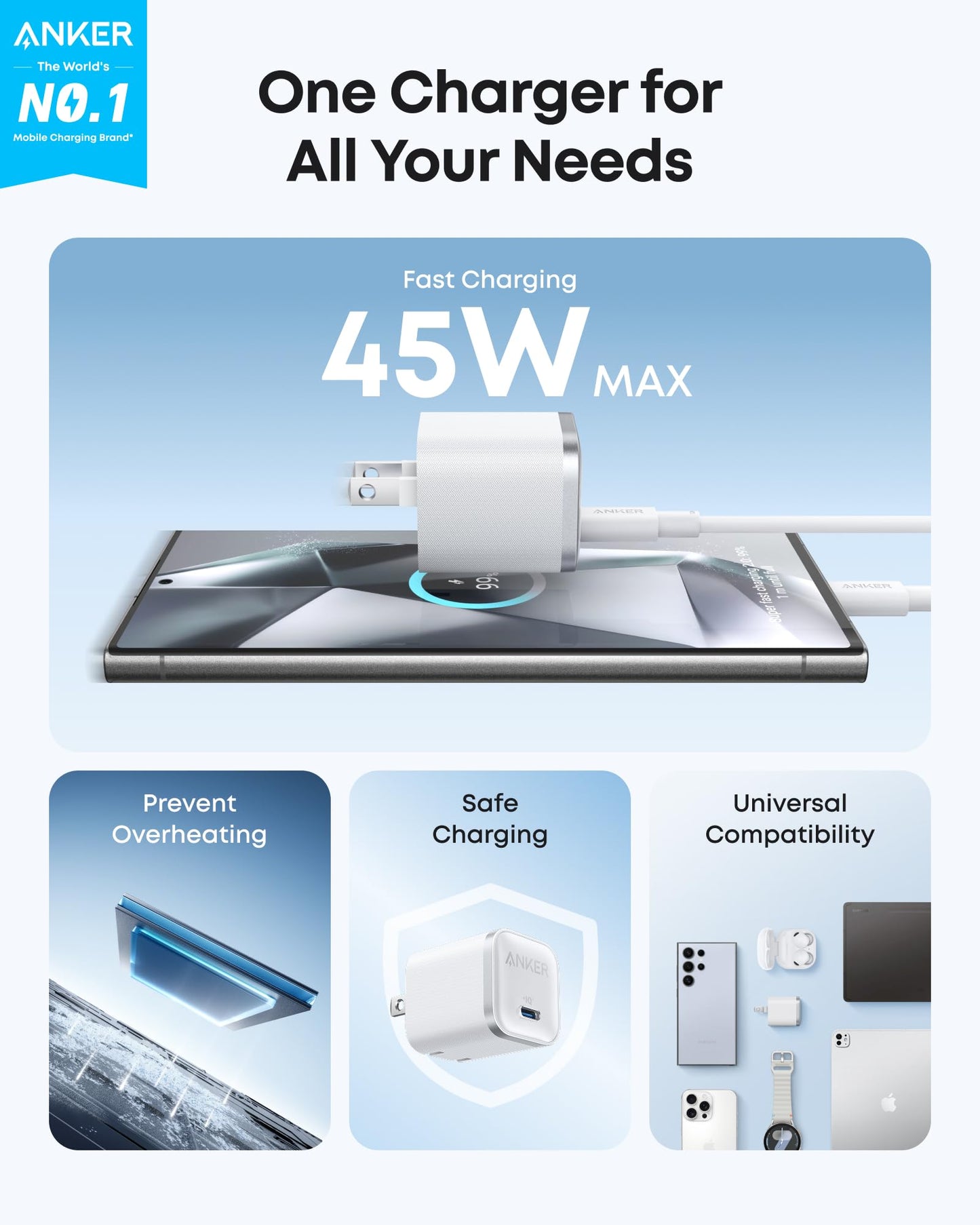 Anker Nano Charger (45W), Anker Nano Wireless Car Charger, and Anker USB-C to USB-C Cable