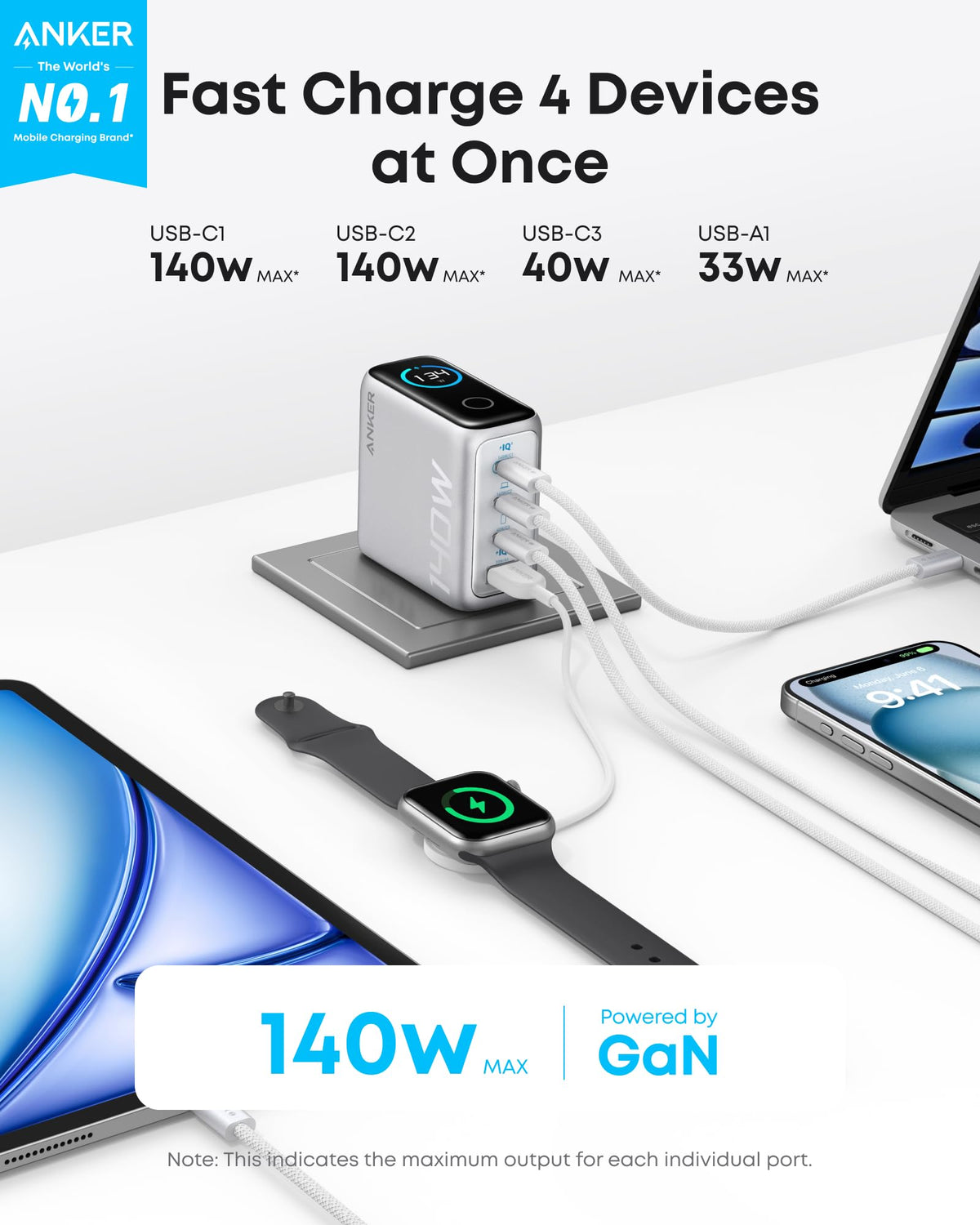 Anker Charger (140W, 4-Port, PD 3.1) with USB-C Cable