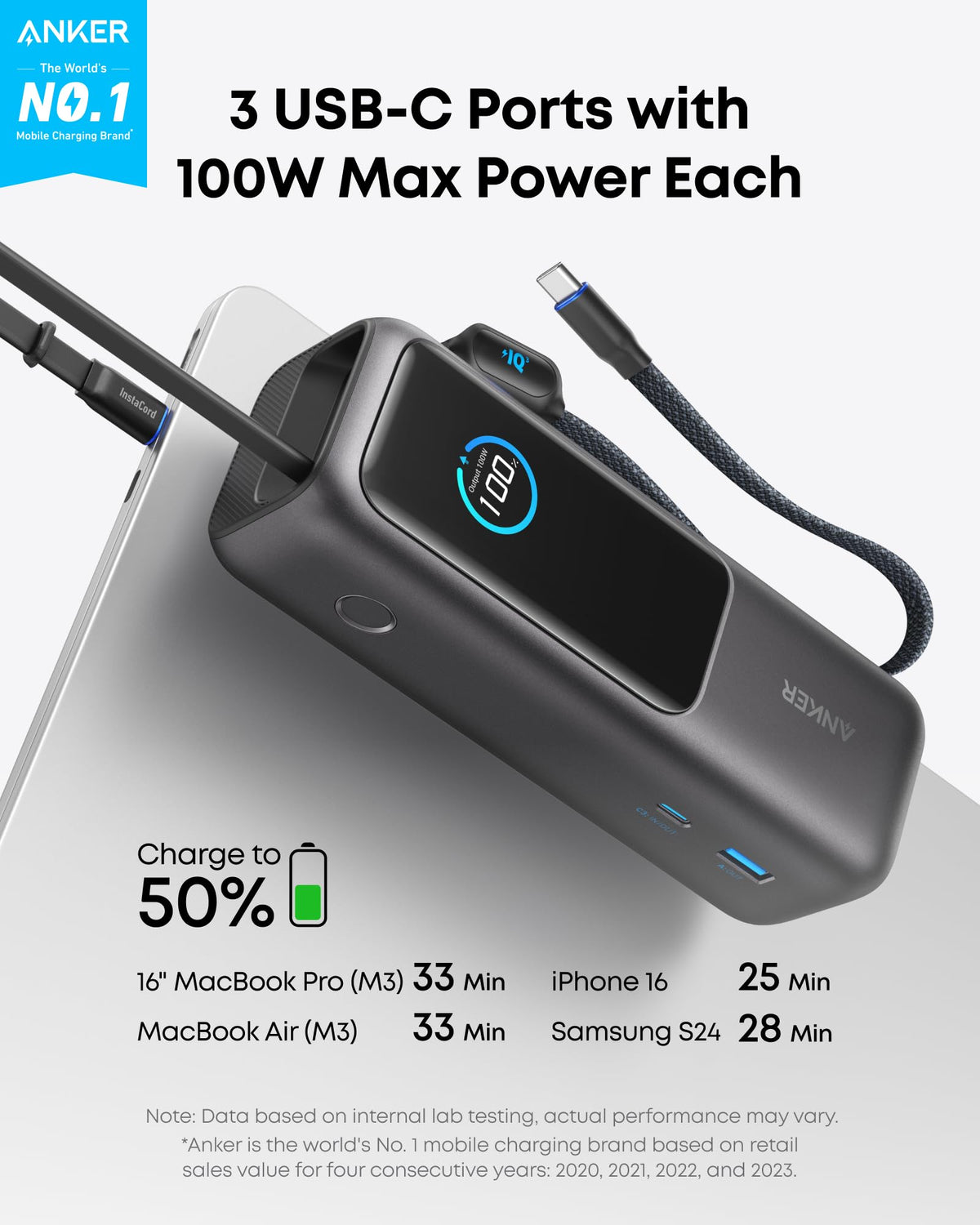 Anker Power Bank (25K, 165W, Built-In and Retractable Cables)