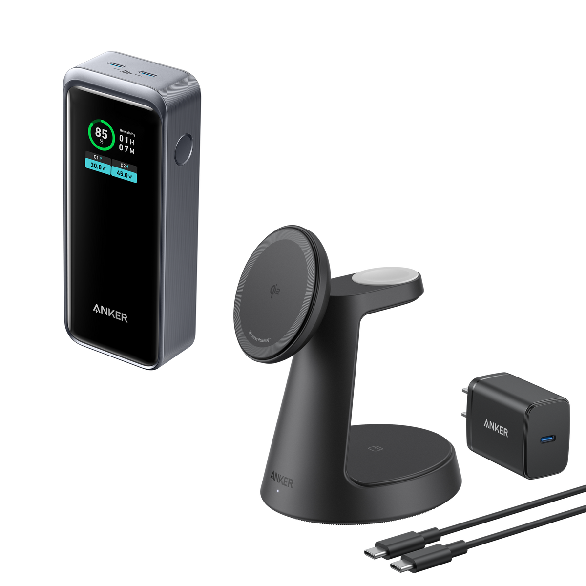 Anker MagGo Wireless Charging Station (3-in-1, Dock Stand) and Anker Prime 12,000mAh Power Bank (130W)