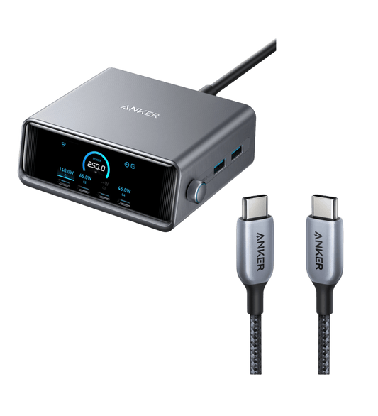 Anker Prime Charger (250W, 6 Ports, GaNPrime) and Anker Prime USB-C to USB-C Cable (240W, Upcycled-Braided) Summer Sale