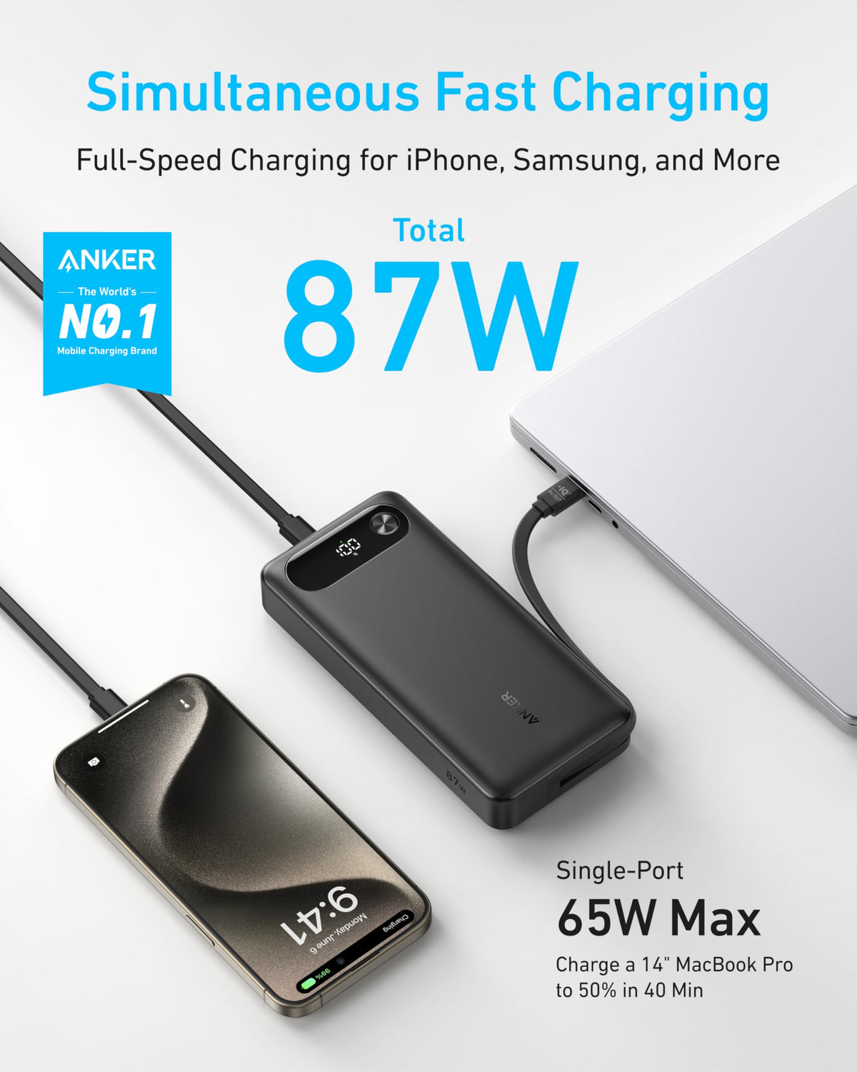 Anker Power Bank (20K, 87W, Built-In USB-C Cable)